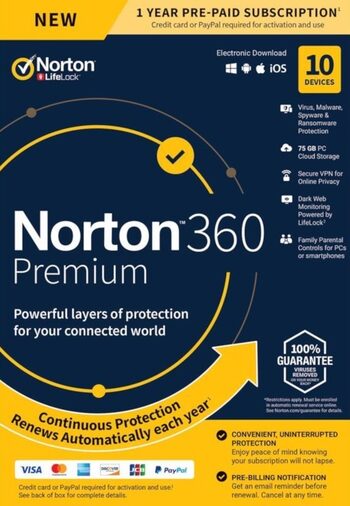 Norton 360 Premium EU Key (1 ano / 10 dispositivos) + 75 GB de armazenamento na nuvem